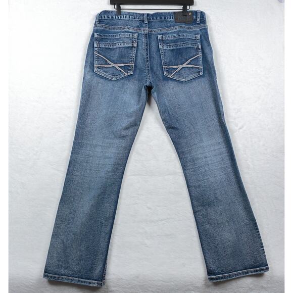 TK AXEL Slim Boot Stretch Denim Jeans Thick Stitch Faded Embroidered Mens 36x31 - Picture 1 of 9